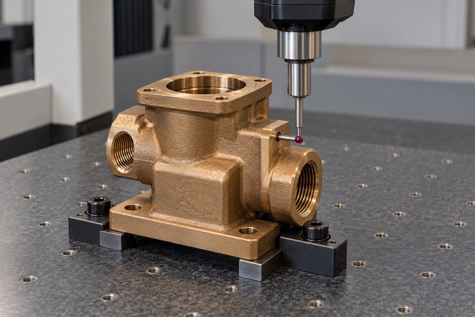 Exterior datum inspection of tin-bronze ported valve body — illustrative generated component concept