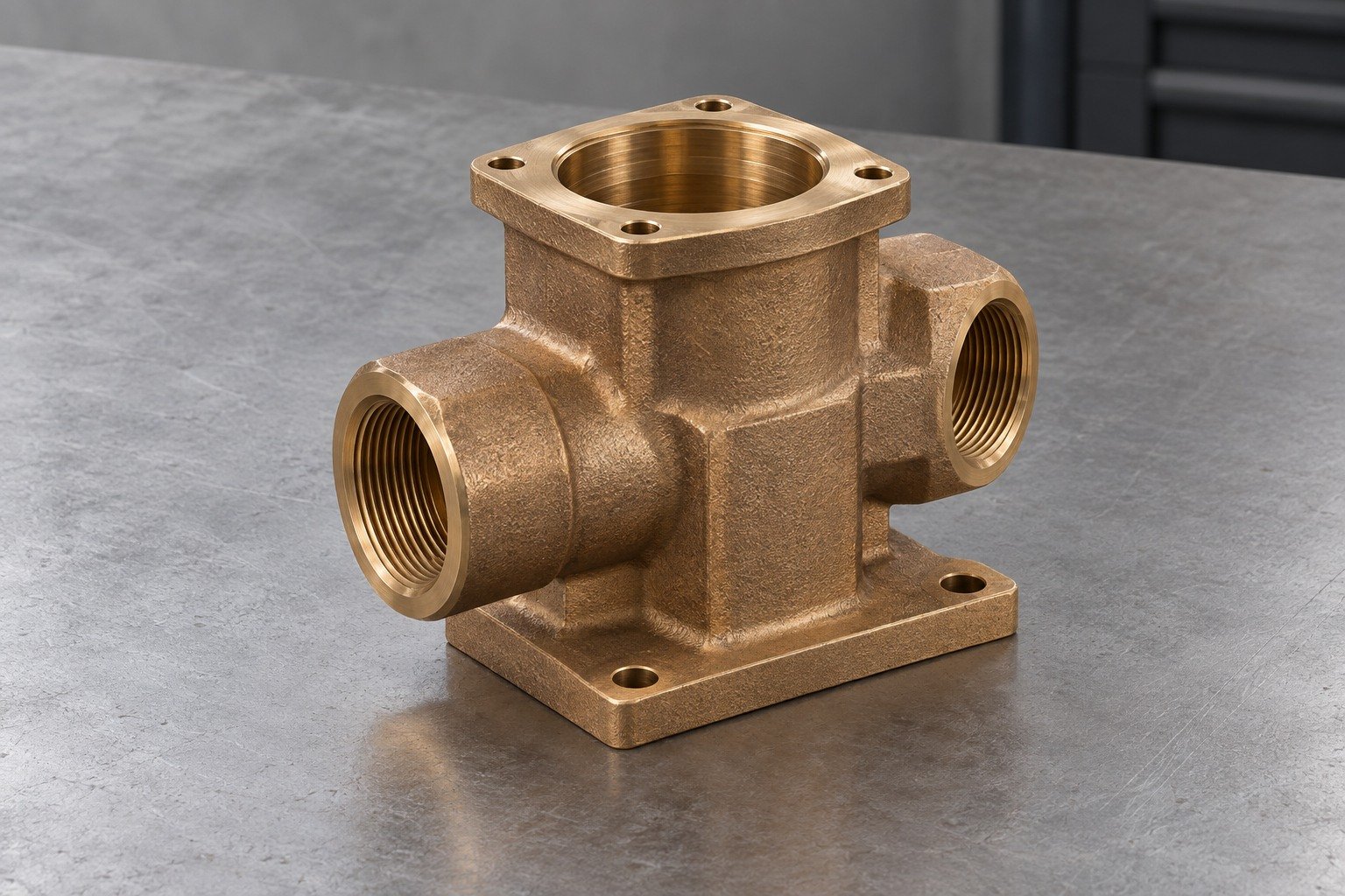 Tin-bronze ported valve body concept — illustrative generated component concept