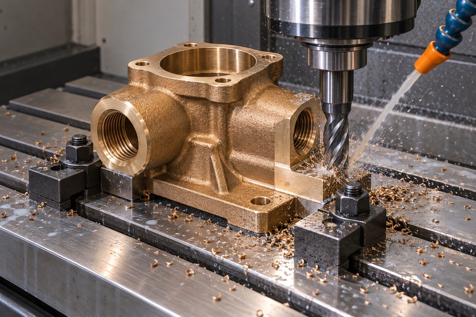Supported machining of tin-bronze ported valve body — illustrative generated component concept