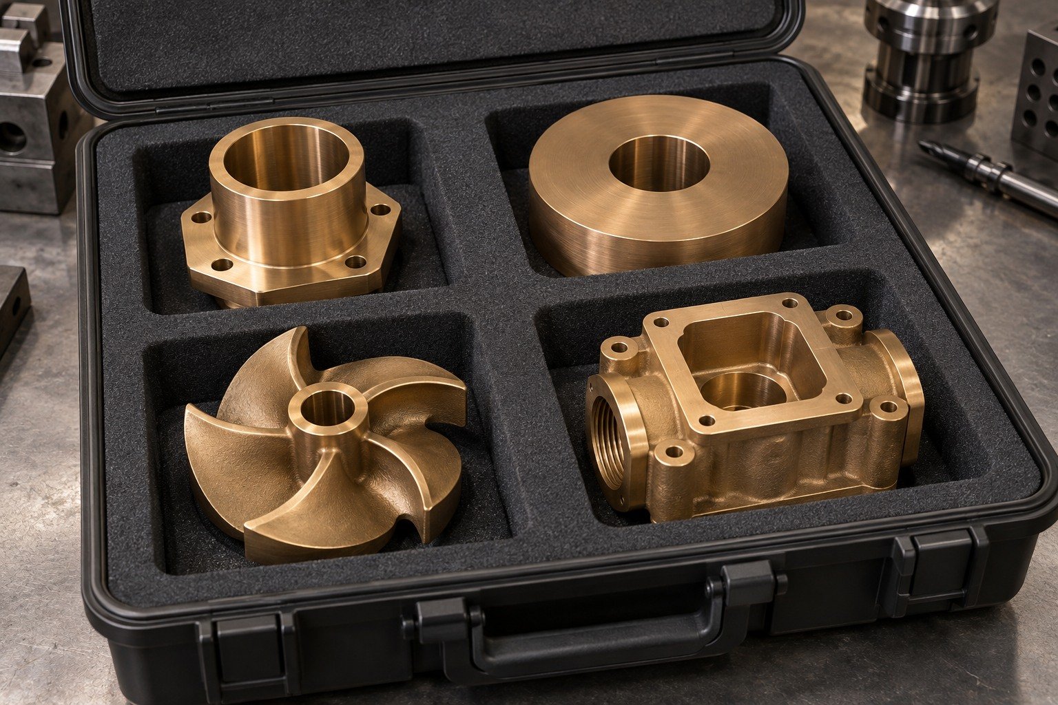 Separate protective packing of tin-bronze functional-part concepts — illustrative generated component concept