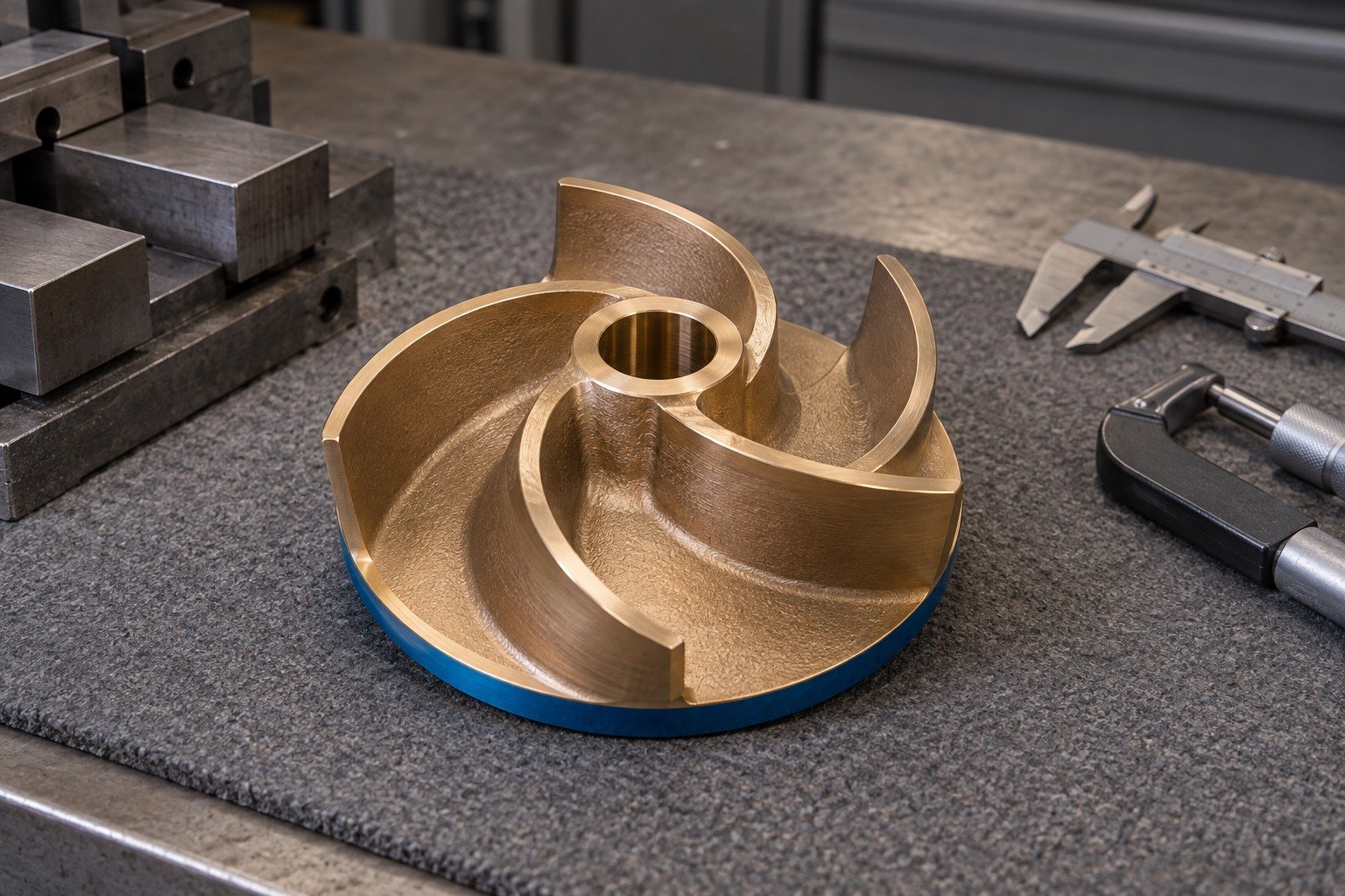 Specified masking on tin-bronze impeller datum — illustrative generated component concept