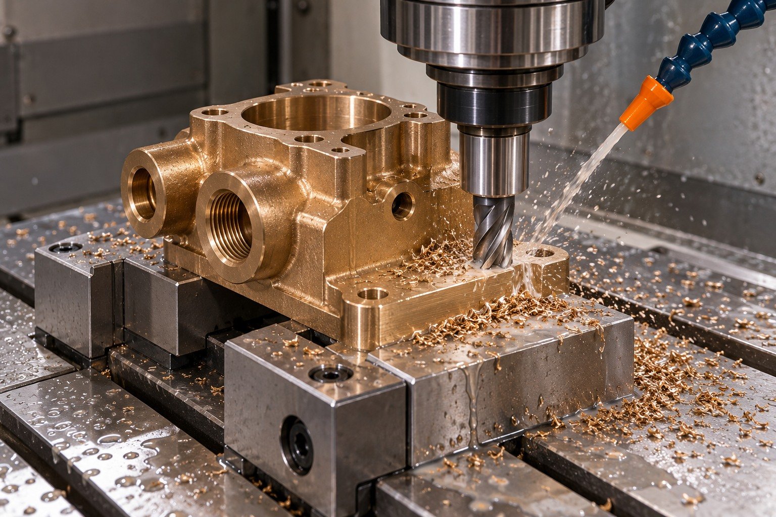 Milling a tin-bronze valve-body mounting foot — illustrative generated component concept