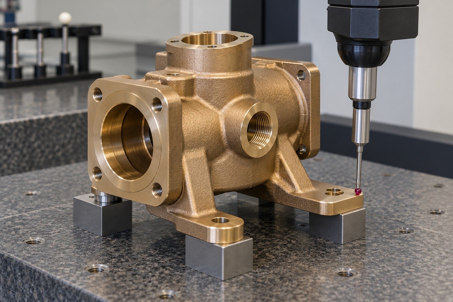 Final tin-bronze valve-body mounting-datum inspection — illustrative generated component concept