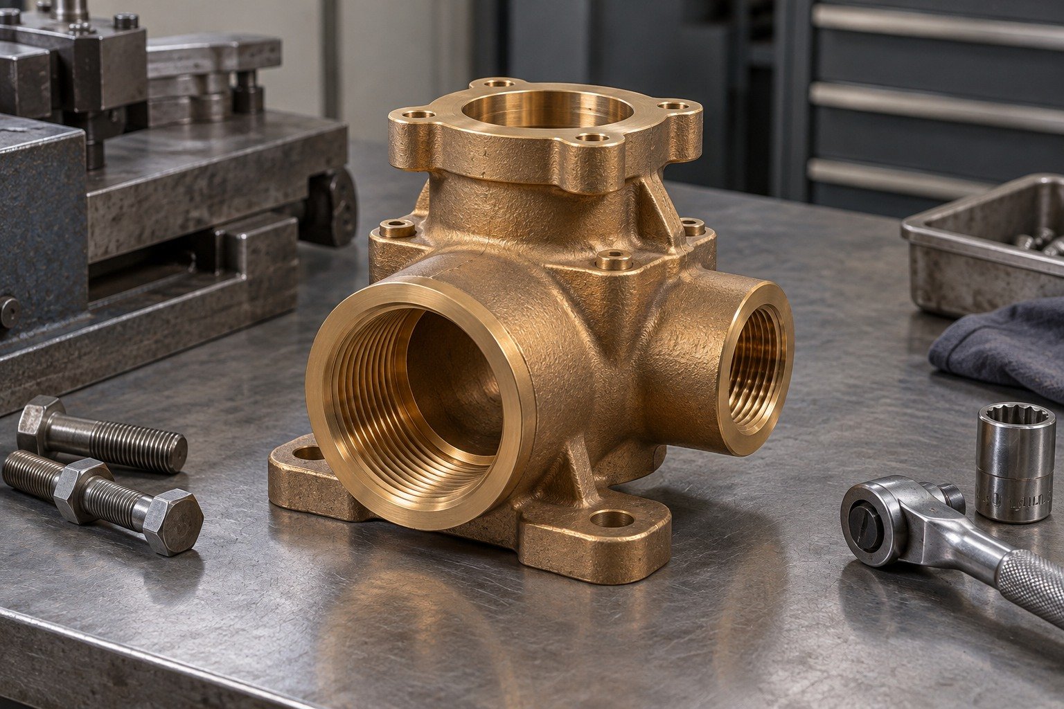 Tin-bronze valve ports and access concept — illustrative generated component concept