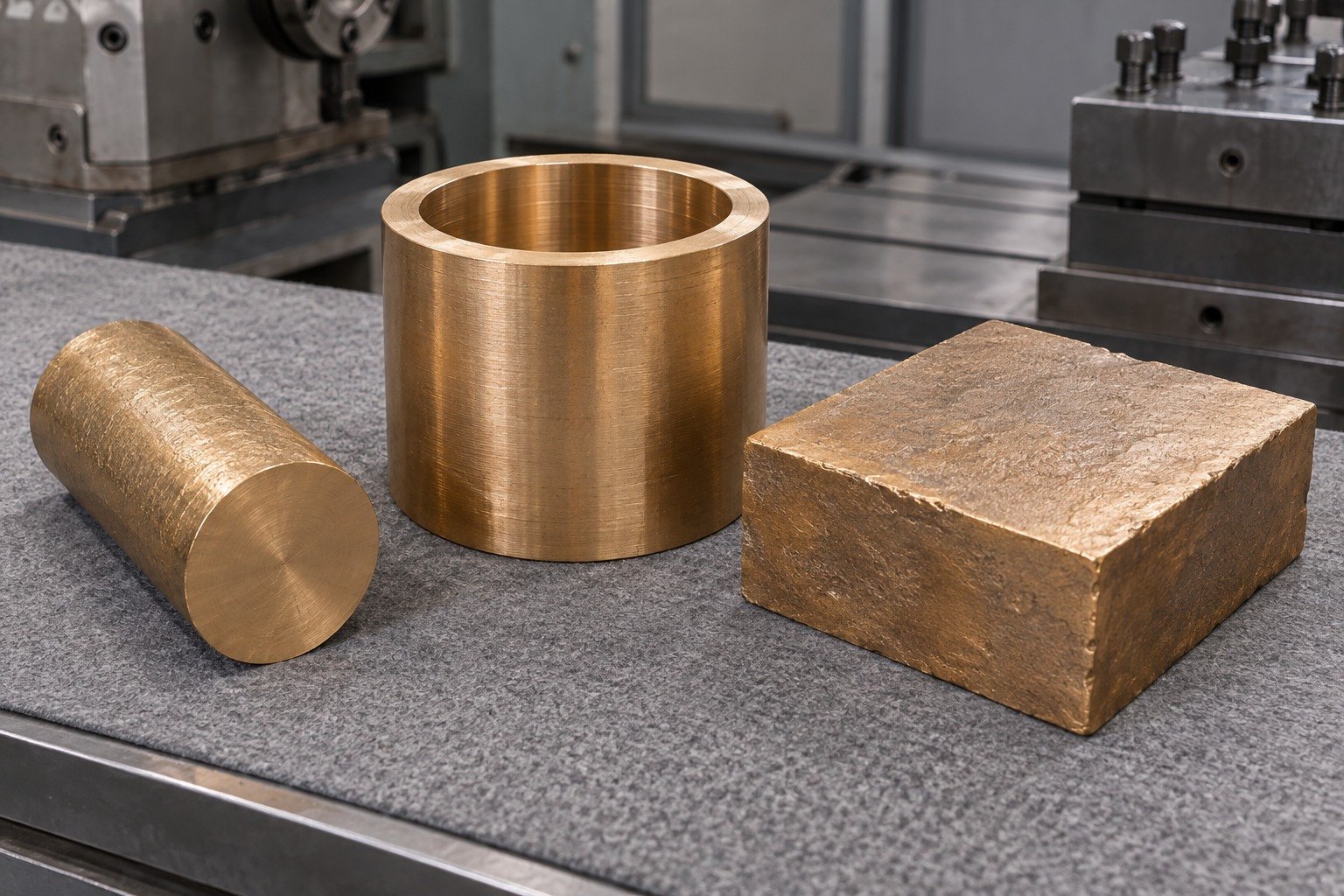 Separate solid, tube and rectangular bearing-bronze stock — illustrative generated component concept