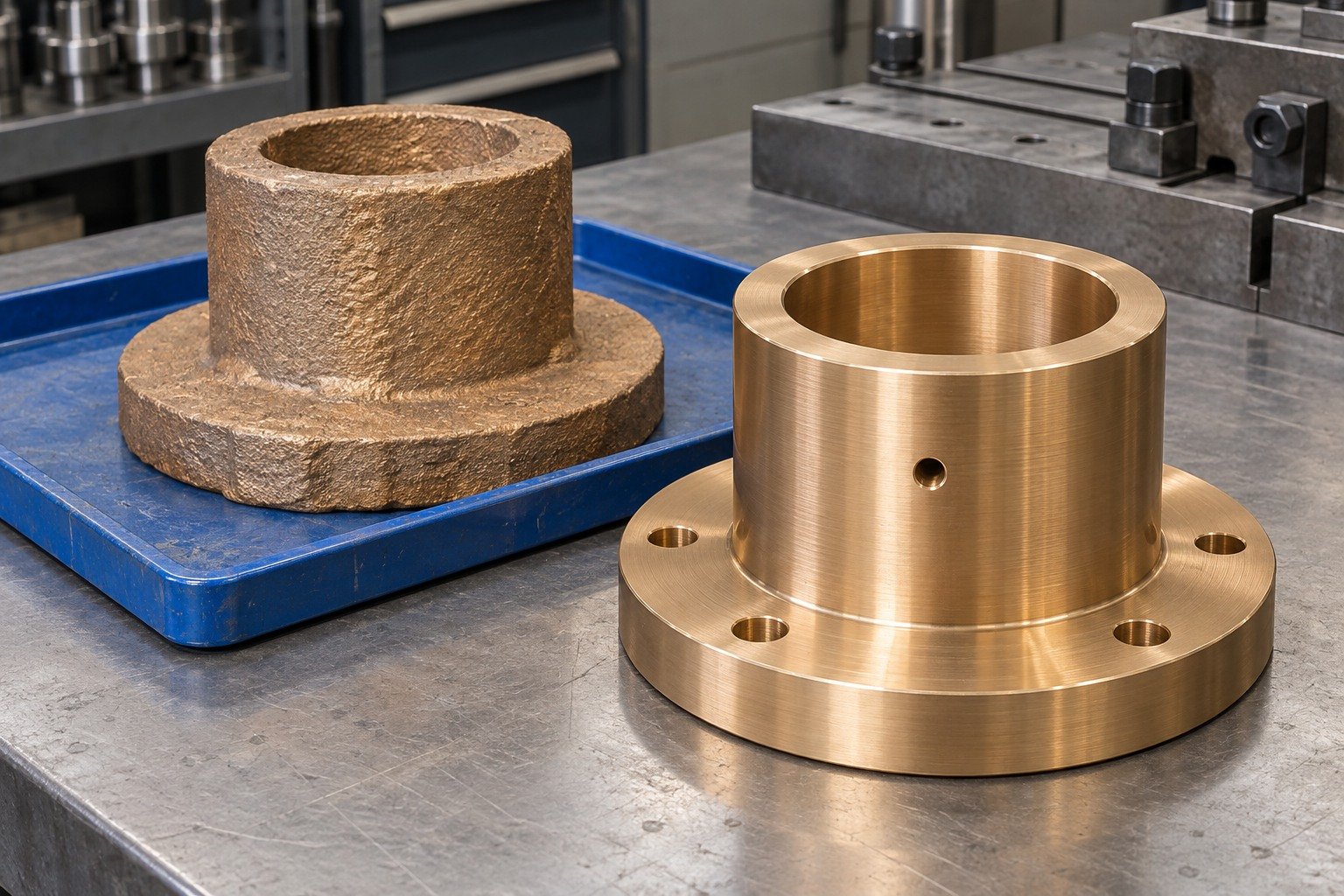 Cast stock and bronze flanged bushing route concept — illustrative generated component concept