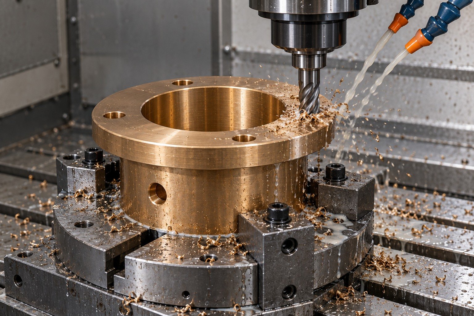Supported machining of bronze flanged bushing — illustrative generated component concept
