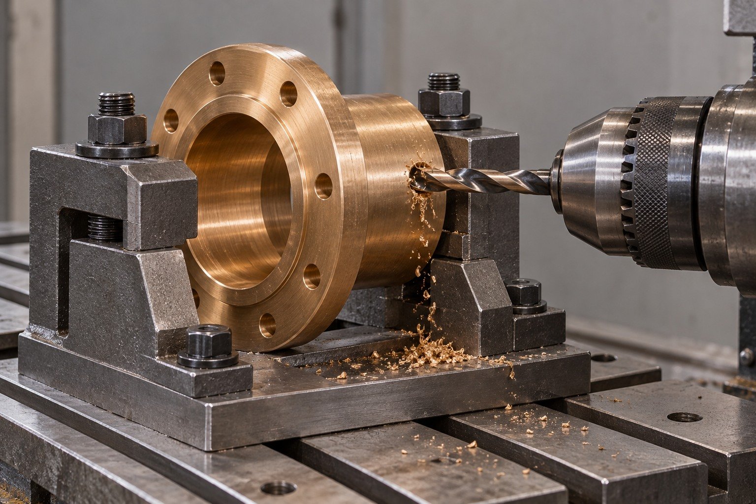 Drilling a radial oil port in a bronze bushing — illustrative generated component concept