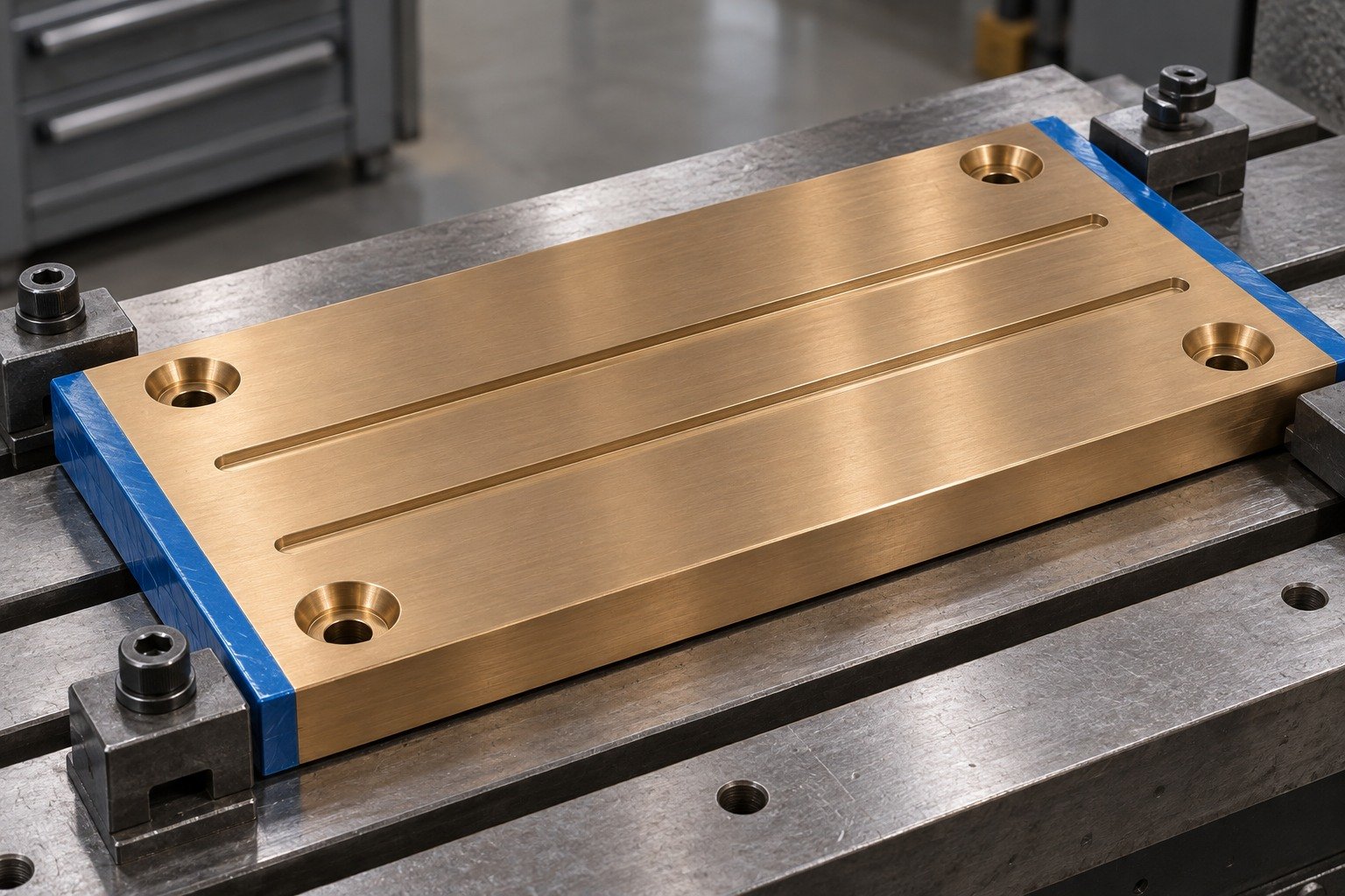 Specified edge masking on bronze wear-plate concept — illustrative generated component concept