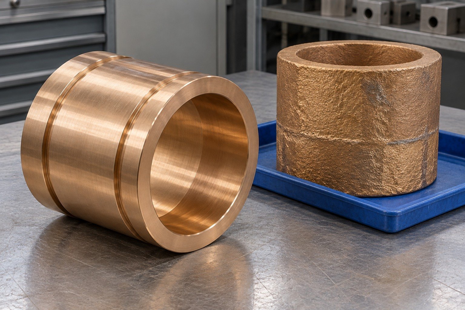 Cast stock and bronze plain bearing sleeve route concept — illustrative generated component concept