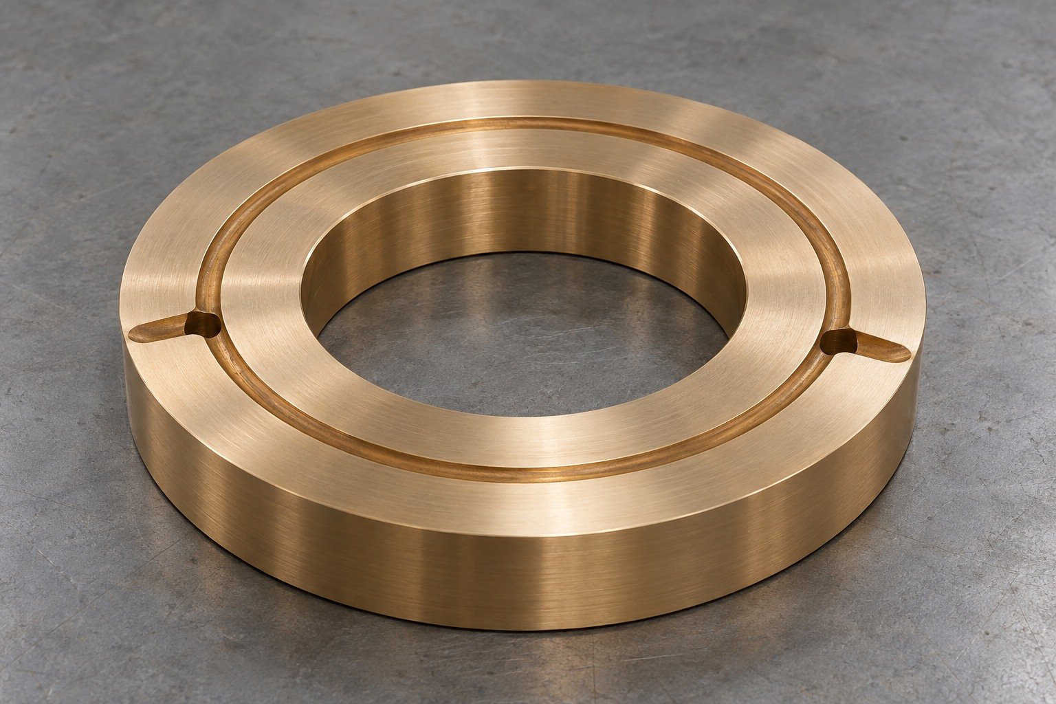 Bronze thrust-washer channel-exit concept — illustrative generated component concept