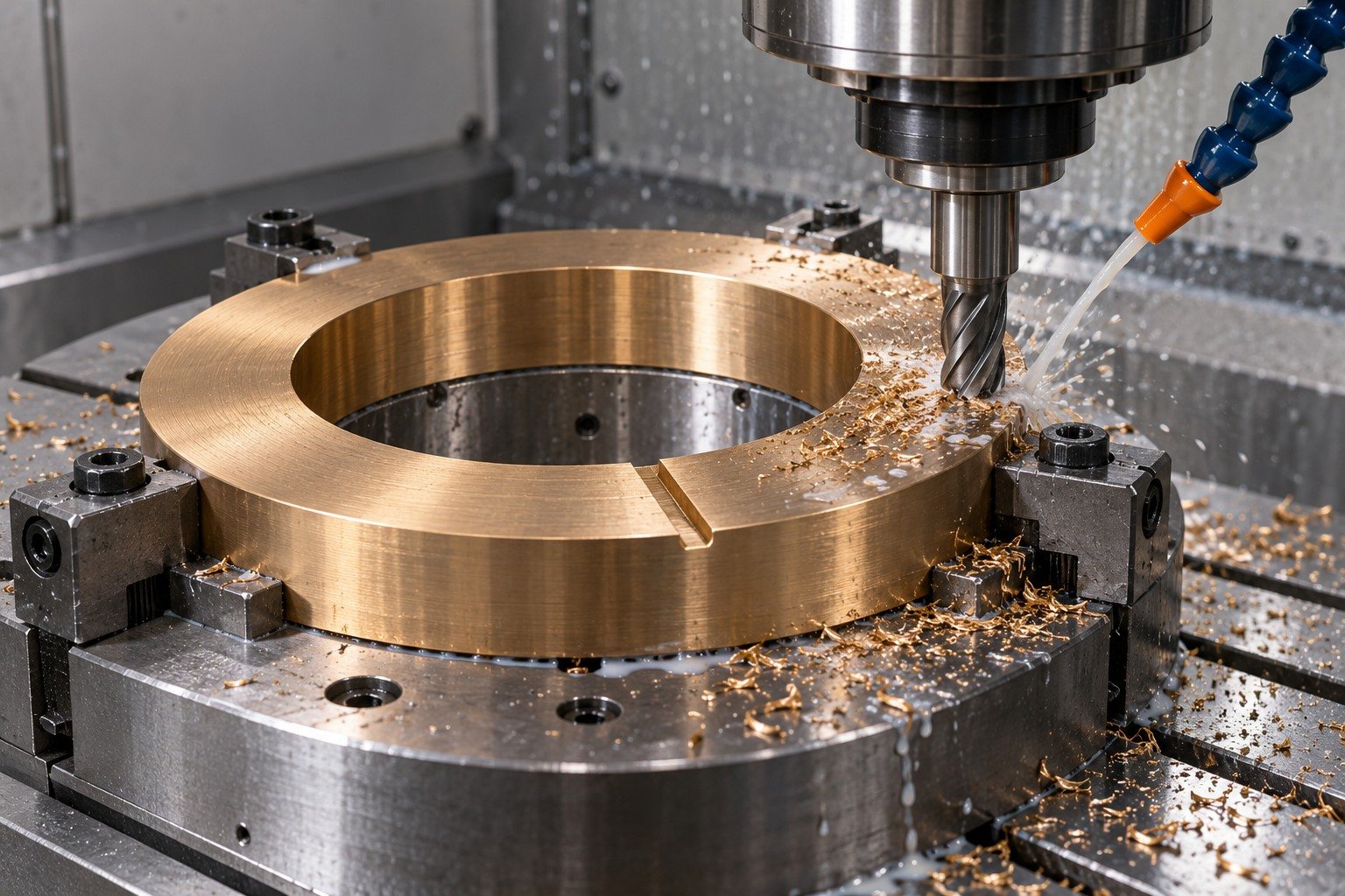 Supported machining of bronze thrust washer — illustrative generated component concept