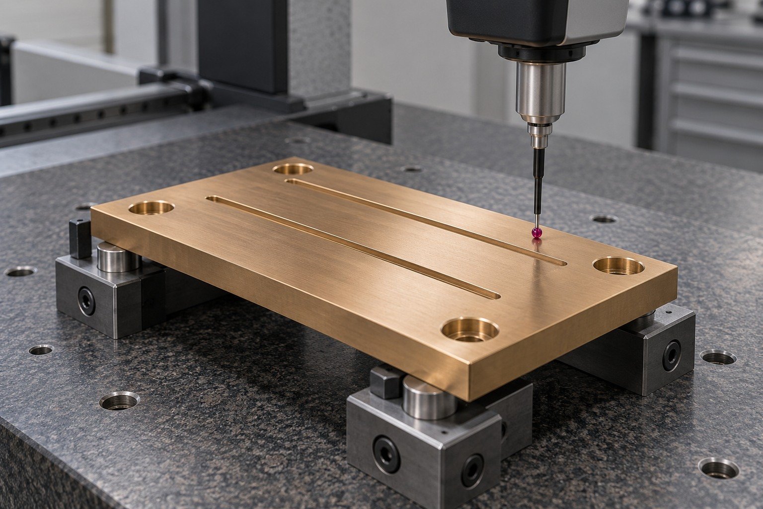 Final bronze wear-plate datum inspection — illustrative generated component concept