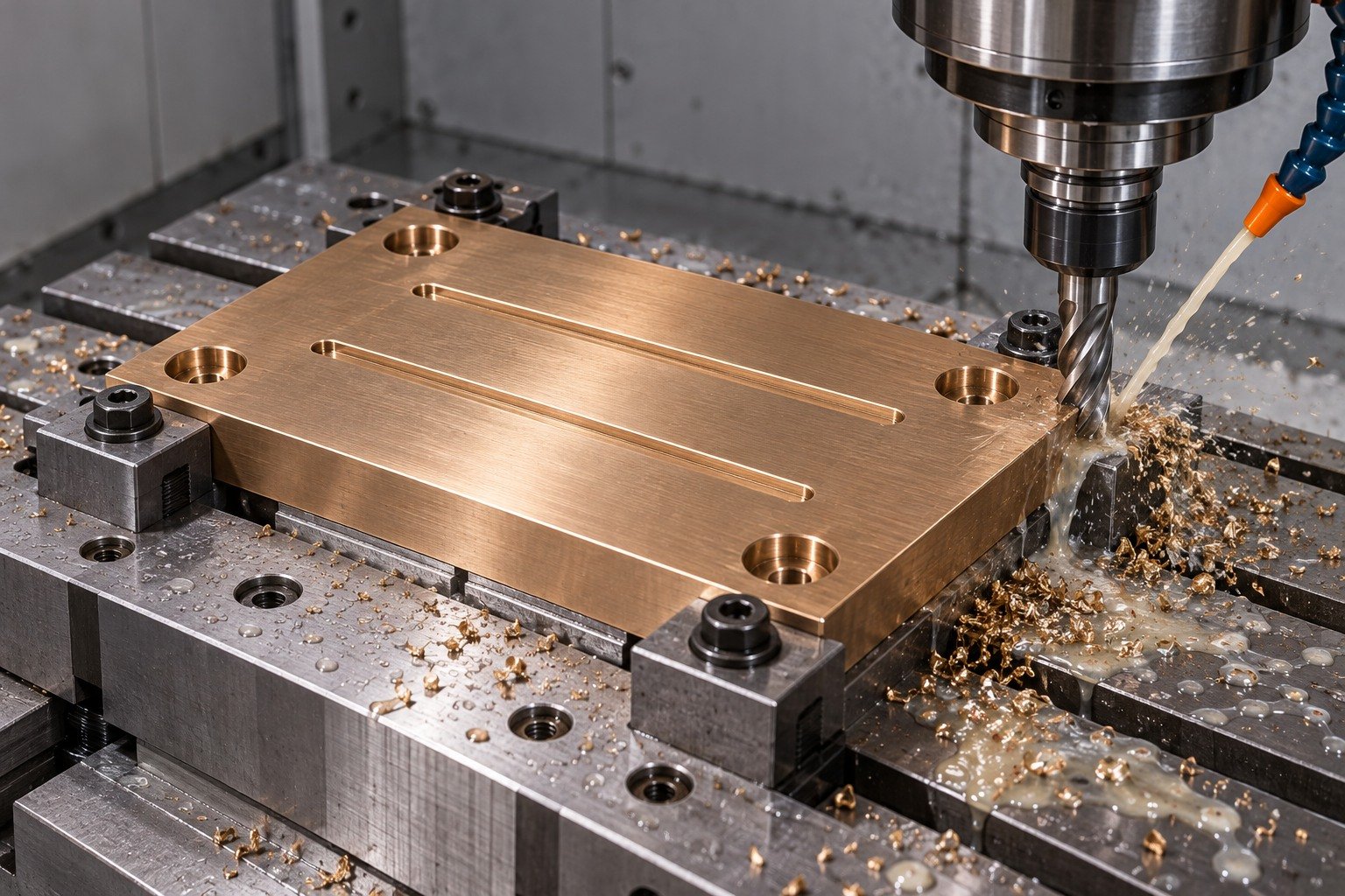 Supported machining of bronze wear plate — illustrative generated component concept