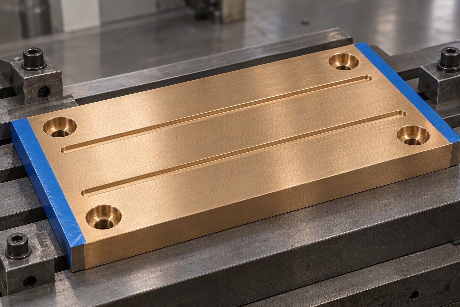 Specified handling-edge protection on bronze wear plate — illustrative generated component concept