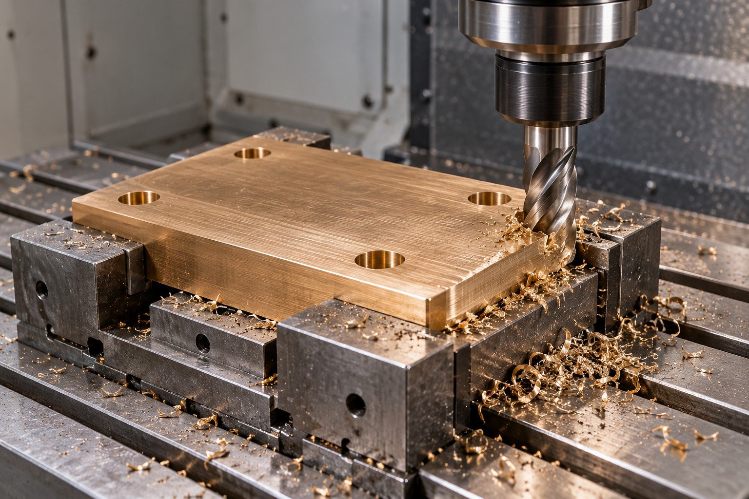 Milling a bronze wear-plate locating datum — illustrative generated component concept