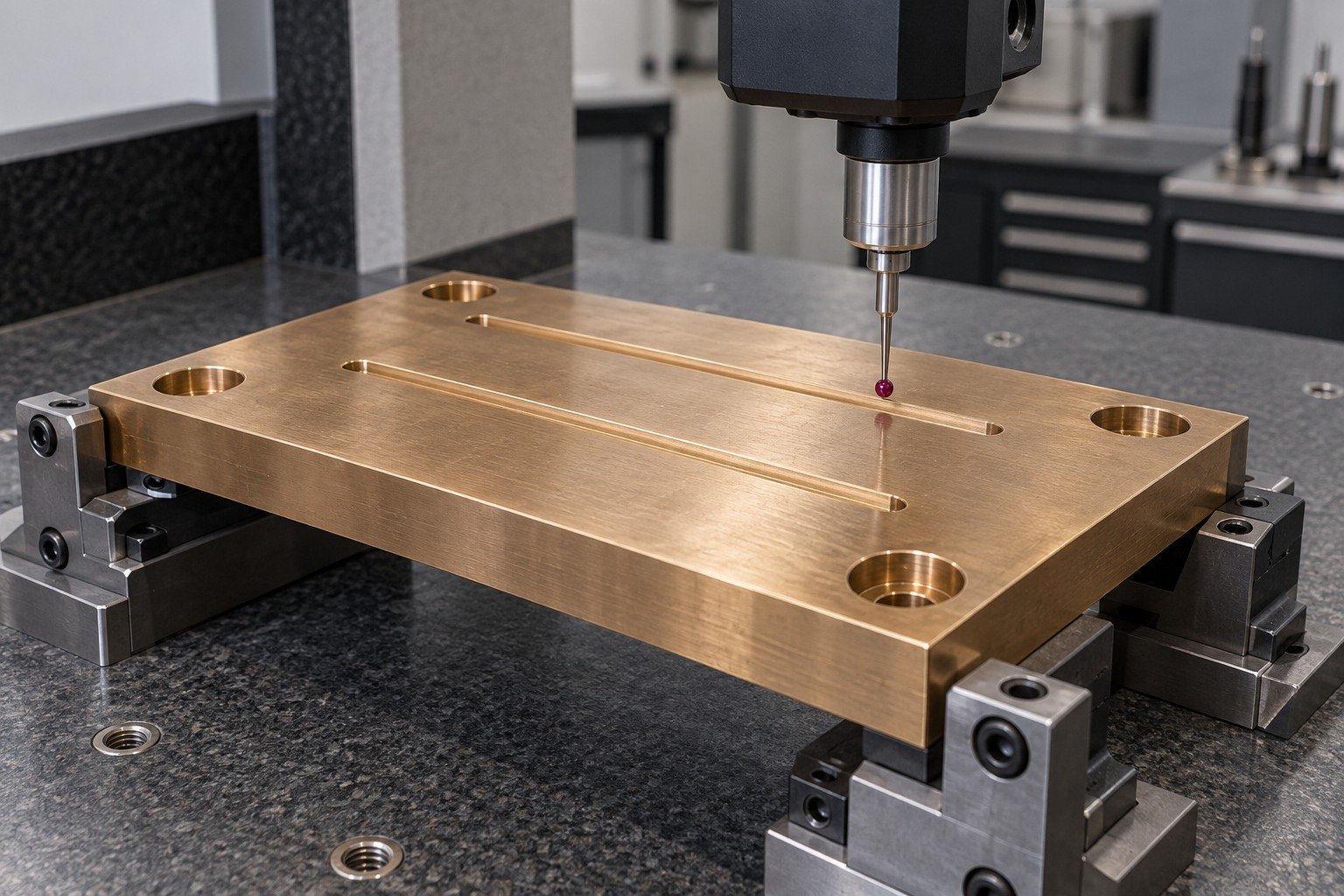 Exterior datum inspection of bronze wear plate — illustrative generated component concept