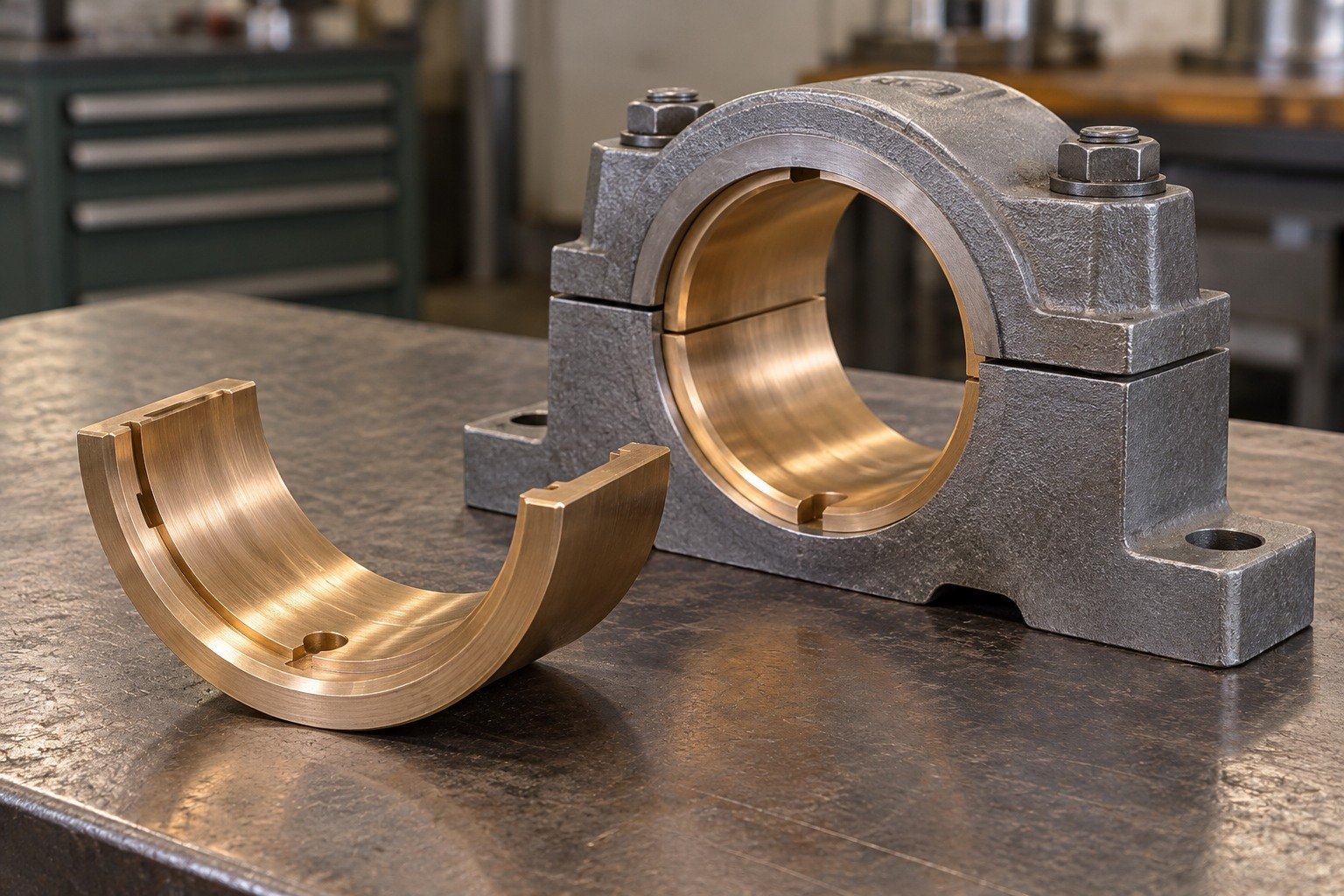 Bronze bearing shell and demonstration housing — illustrative generated component concept