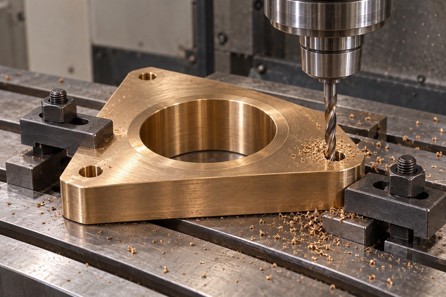 Drilling a supported bronze bearing plate — illustrative generated component concept