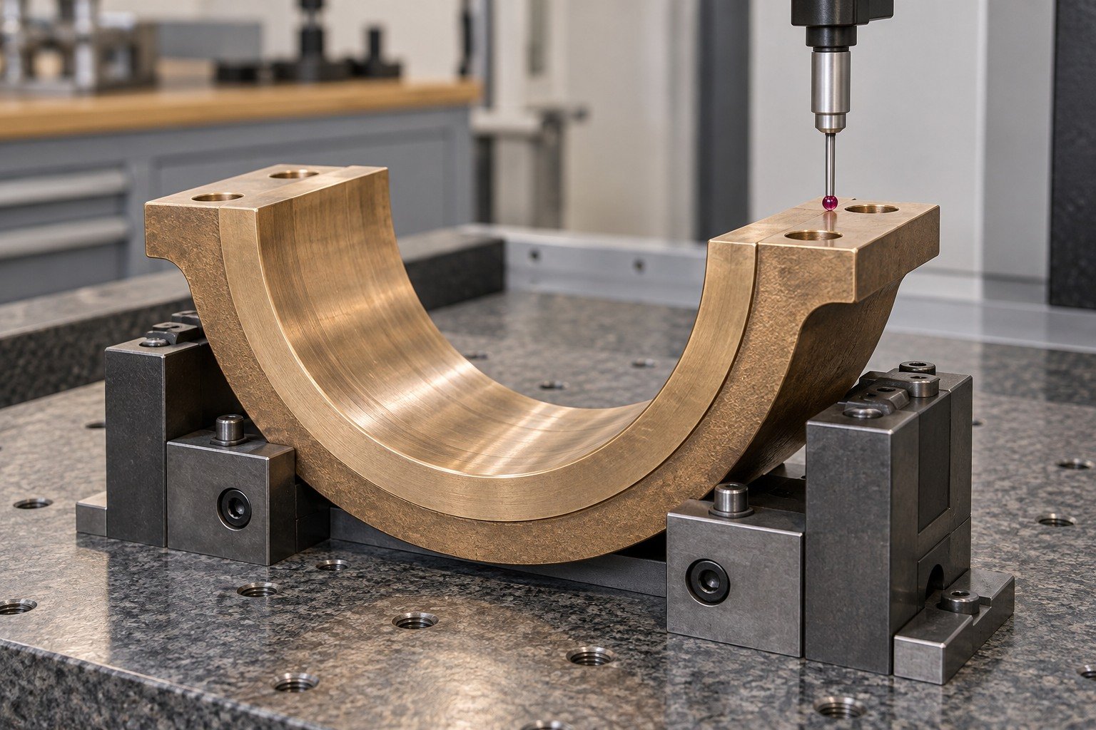 First-sample bronze bearing-shell datum inspection — illustrative generated component concept