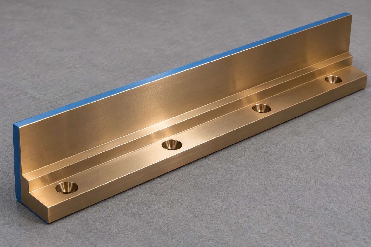 Specified handling-edge masking on bronze slide guide — illustrative generated component concept