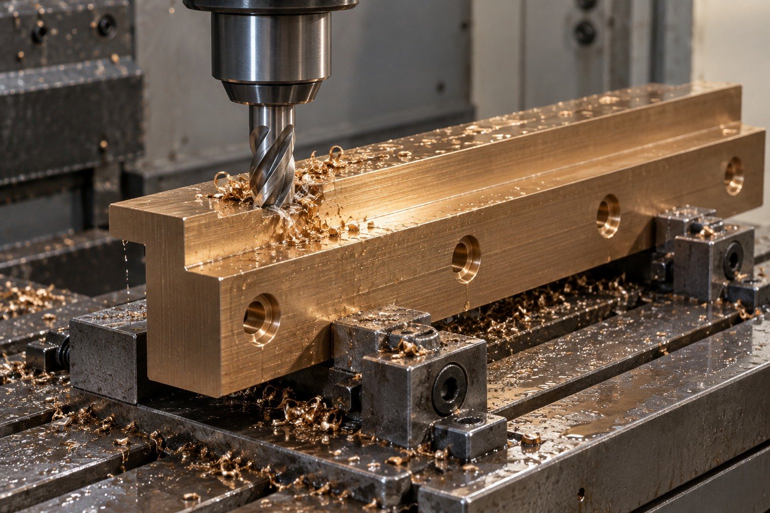 Milling a bronze slide-guide working land — illustrative generated component concept