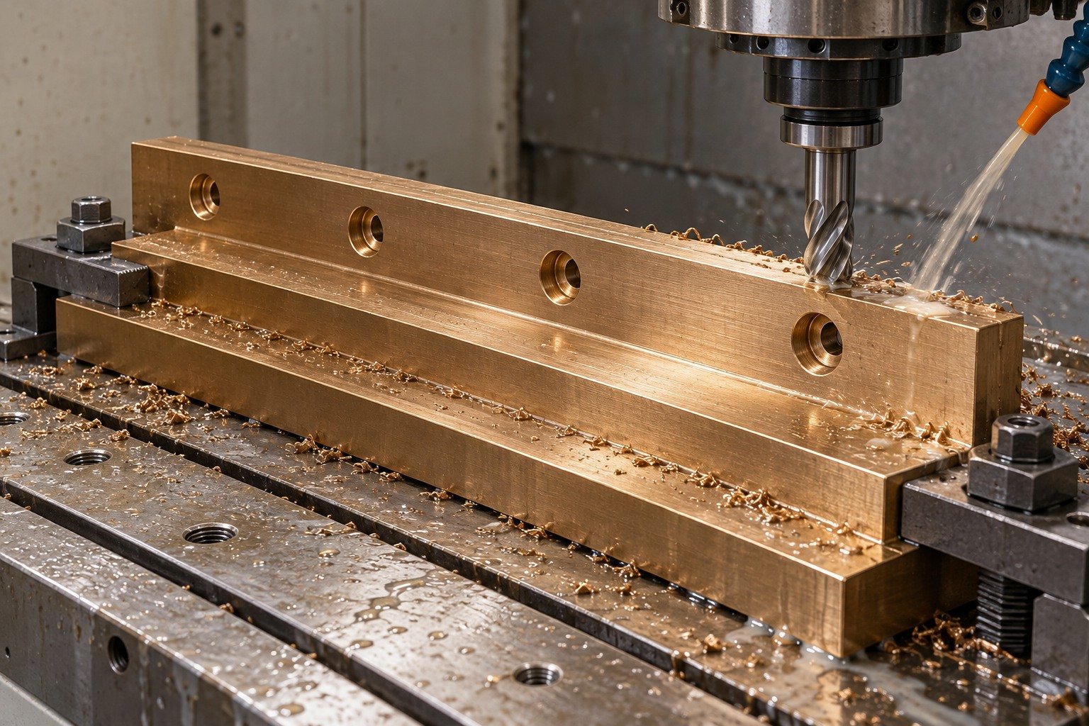 High-leaded bronze slide guide supported machining — illustrative generated component concept