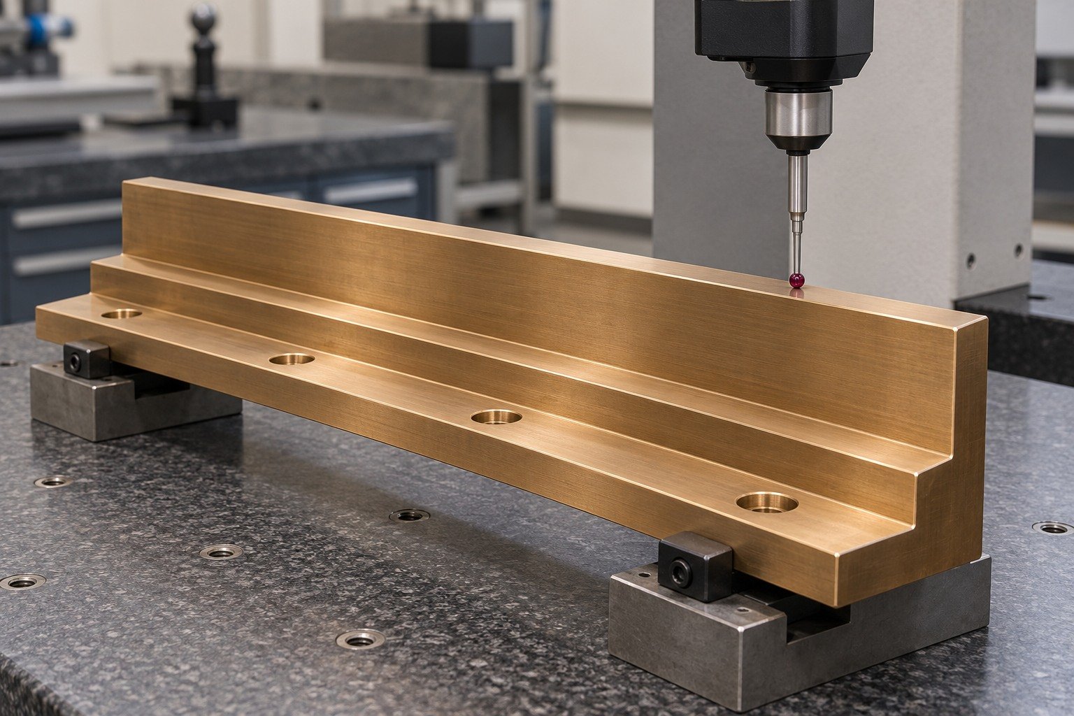 High-leaded bronze slide guide datum inspection — illustrative generated component concept