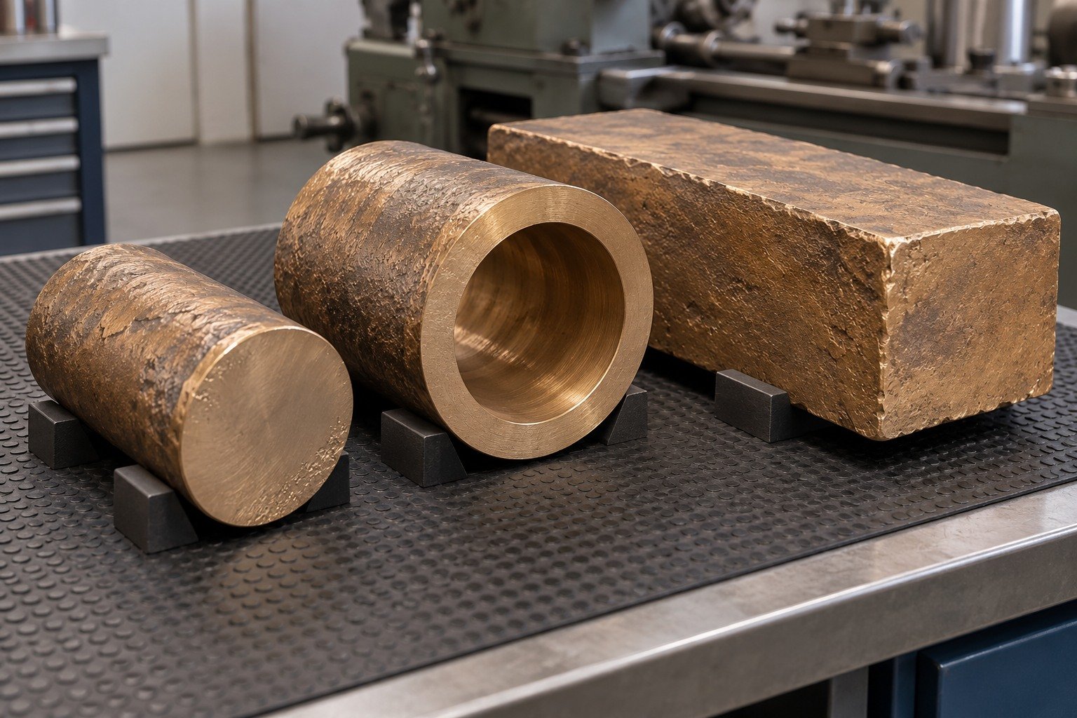 Separate high-leaded bronze cast-stock forms — illustrative generated component concept