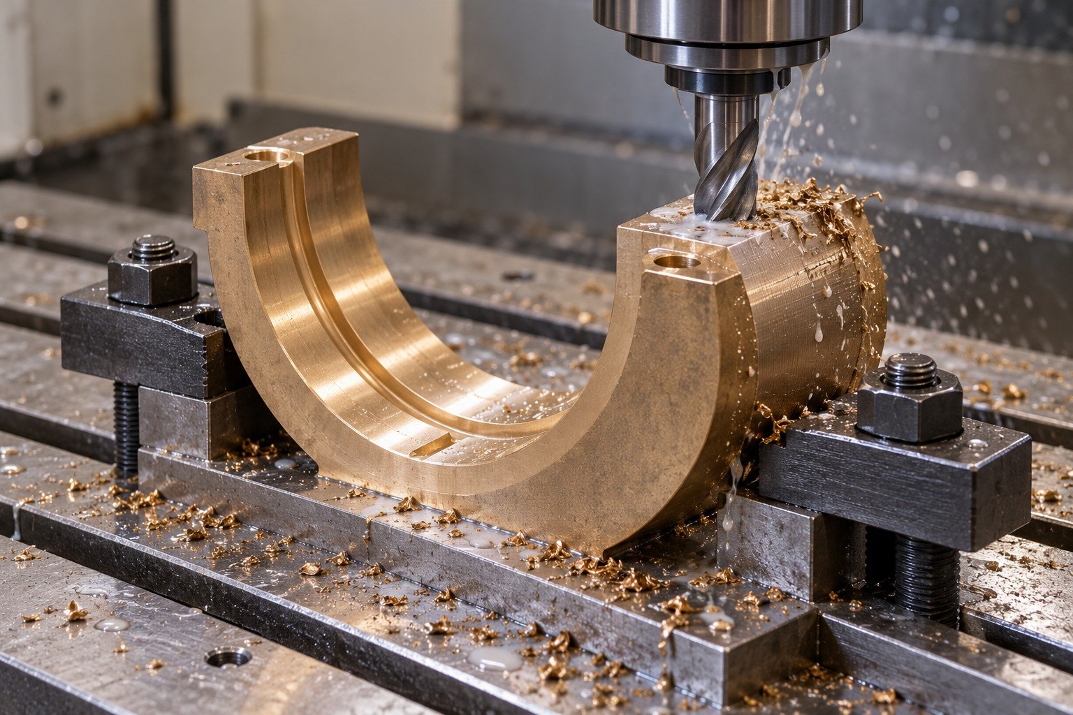 High-leaded bronze split bearing shell supported machining — illustrative generated component concept