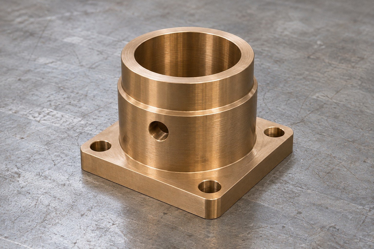 High-leaded bronze square flange bushing concept — illustrative generated component concept