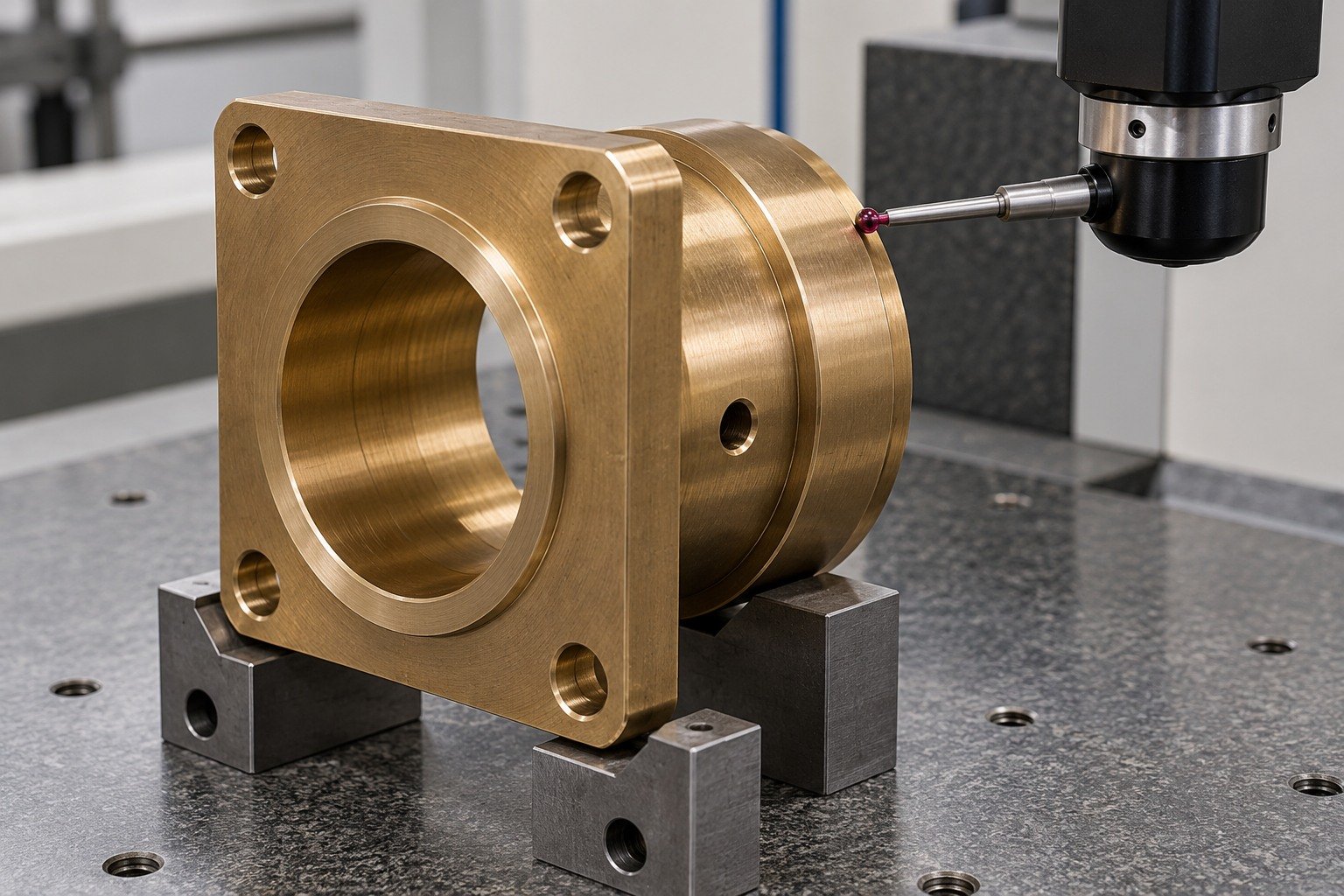 High-leaded bronze square flange bushing datum inspection — illustrative generated component concept