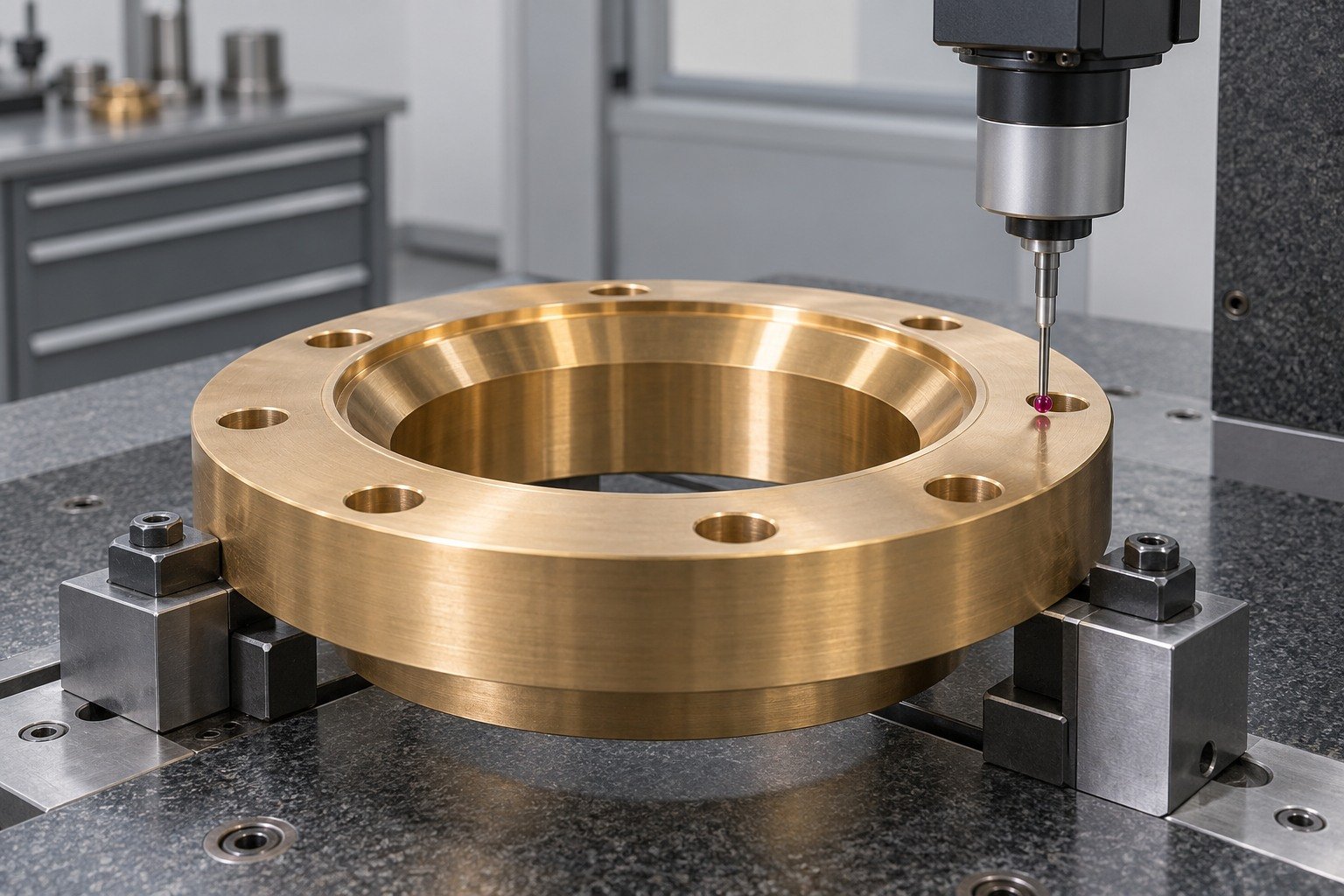 Aluminum-bronze conical valve seat datum inspection — illustrative generated component concept