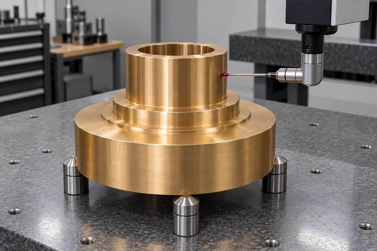 First-sample aluminum-bronze plain-blank datum inspection — illustrative generated component concept