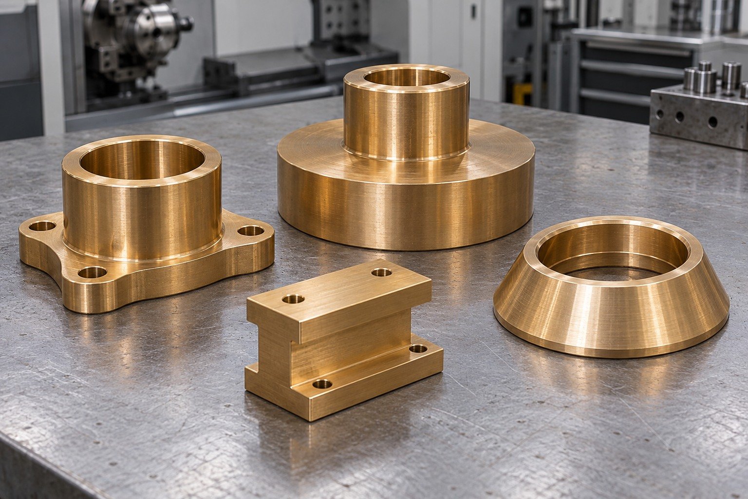 Aluminum-bronze bushing, plain gear blank, wear block and valve-seat concepts — illustrative generated component concept