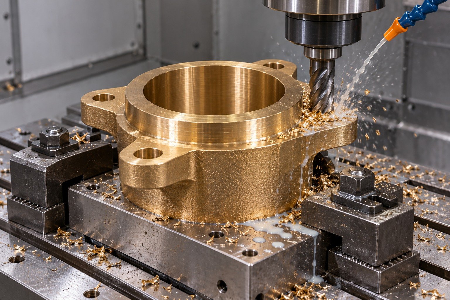 Aluminum-bronze four lug bushing supported machining — illustrative generated component concept