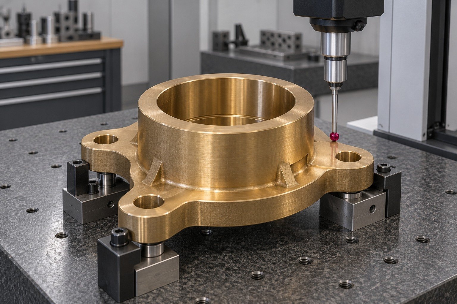 Aluminum-bronze four lug bushing datum inspection — illustrative generated component concept