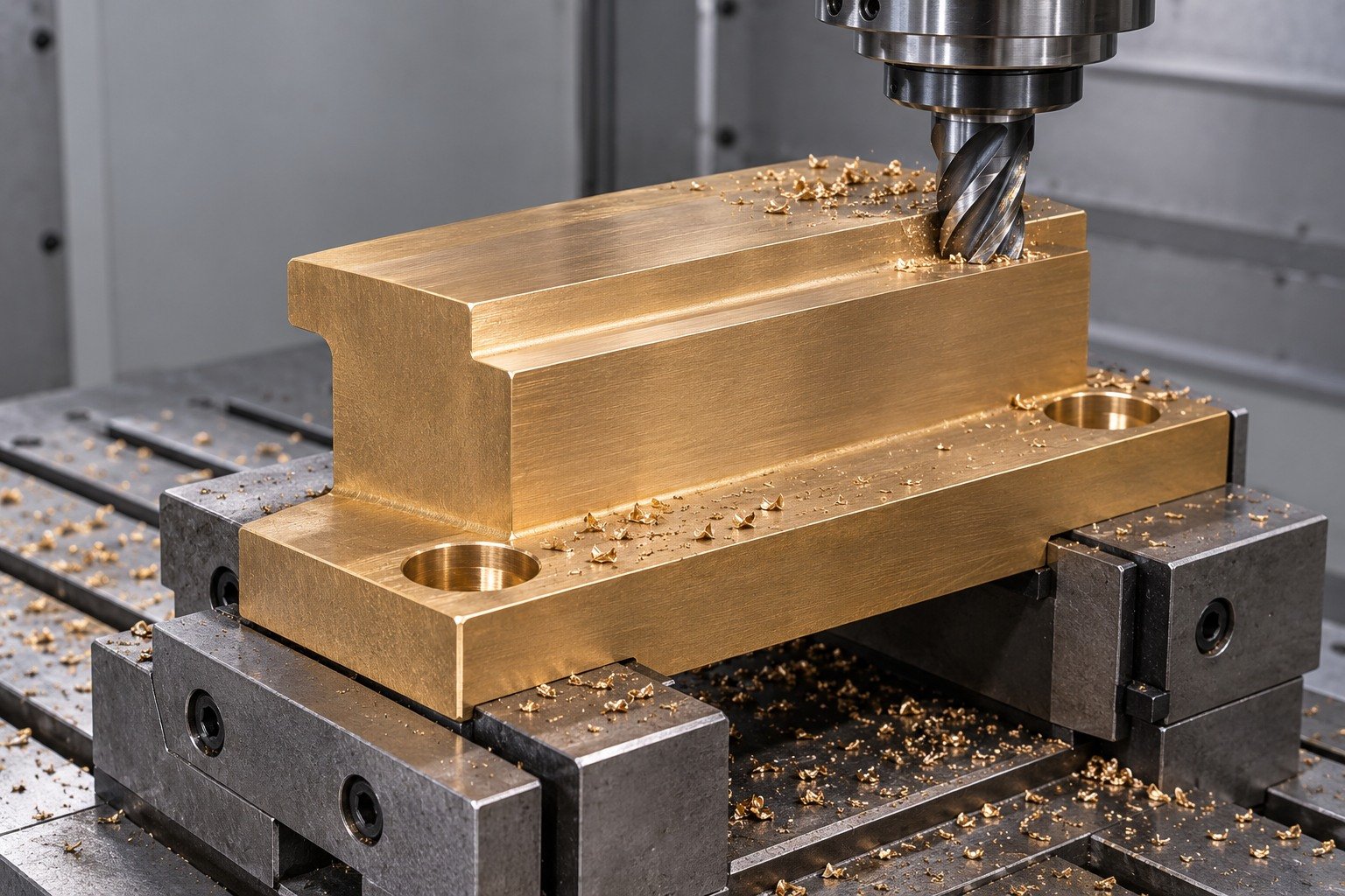 Milling a supported aluminum-bronze wear-block land — illustrative generated component concept