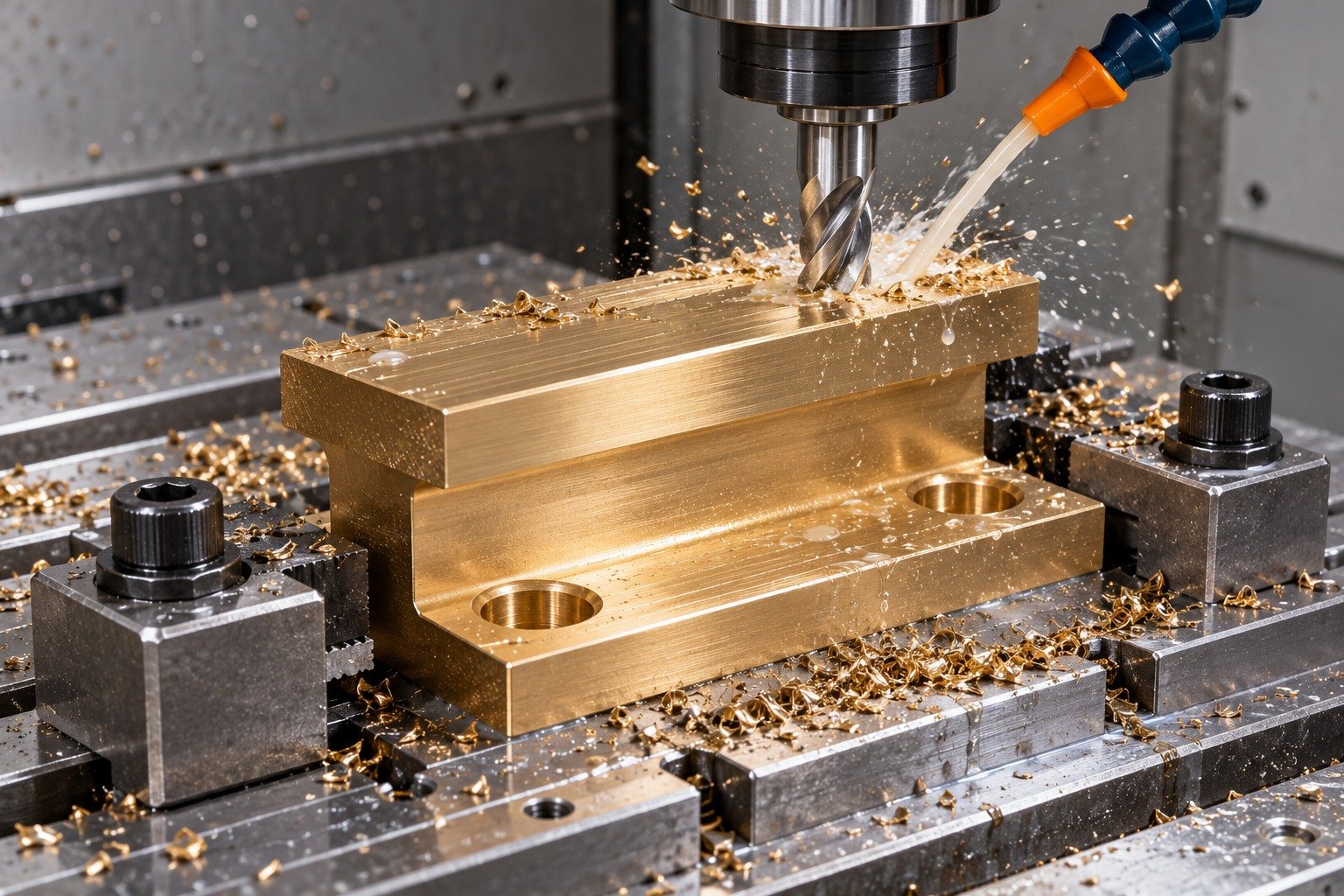 Aluminum-bronze stepped wear block supported machining — illustrative generated component concept