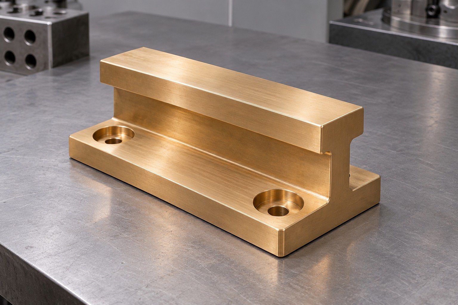 Aluminum-bronze stepped wear block concept — illustrative generated component concept