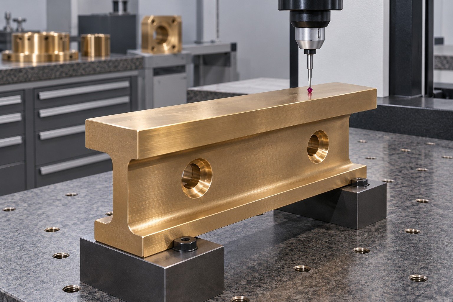 Final aluminum-bronze wear-block land inspection — illustrative generated component concept