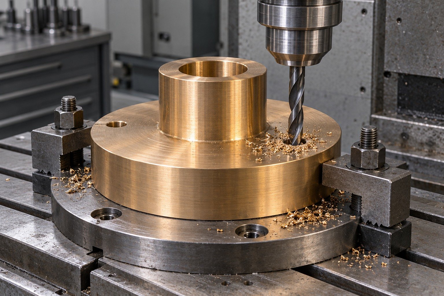 Drilling a plain aluminum-bronze gear blank — illustrative generated component concept