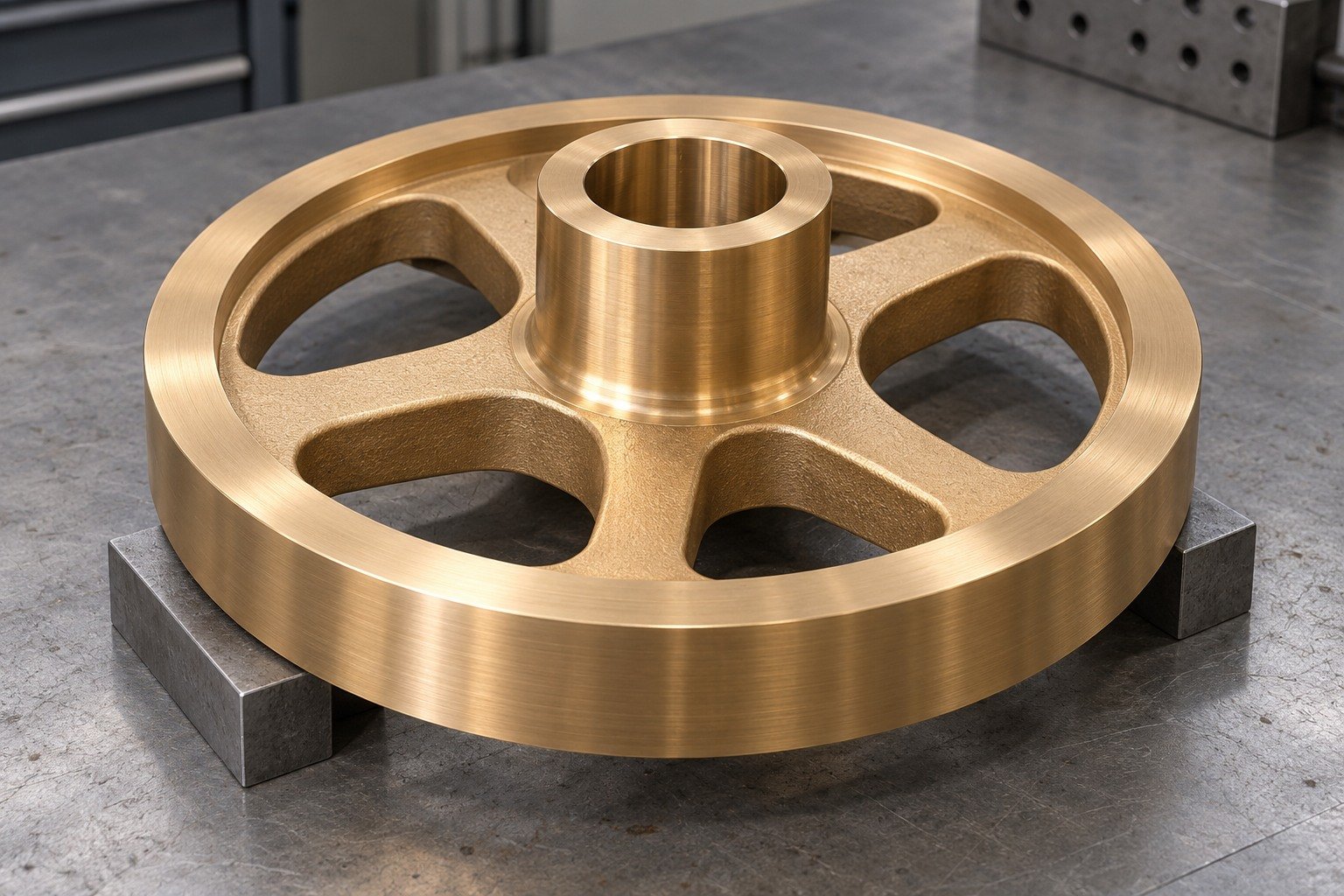 As-machined webbed nickel-aluminum bronze gear-blank surface — illustrative generated component concept
