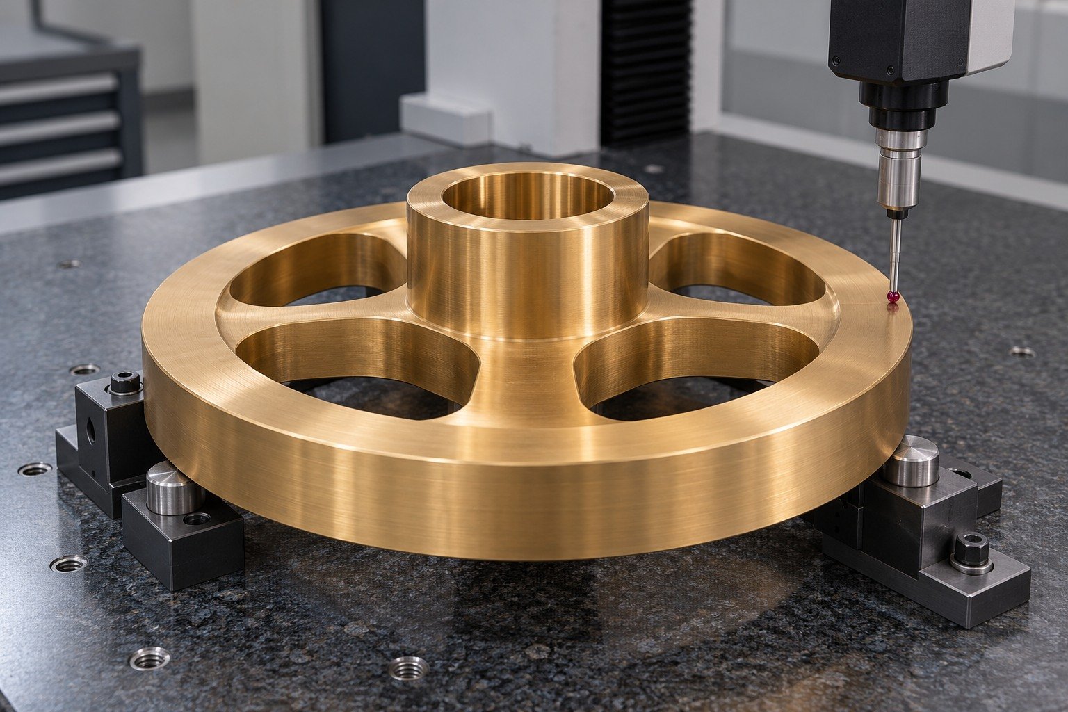 First-sample webbed nickel-aluminum bronze blank datum inspection — illustrative generated component concept