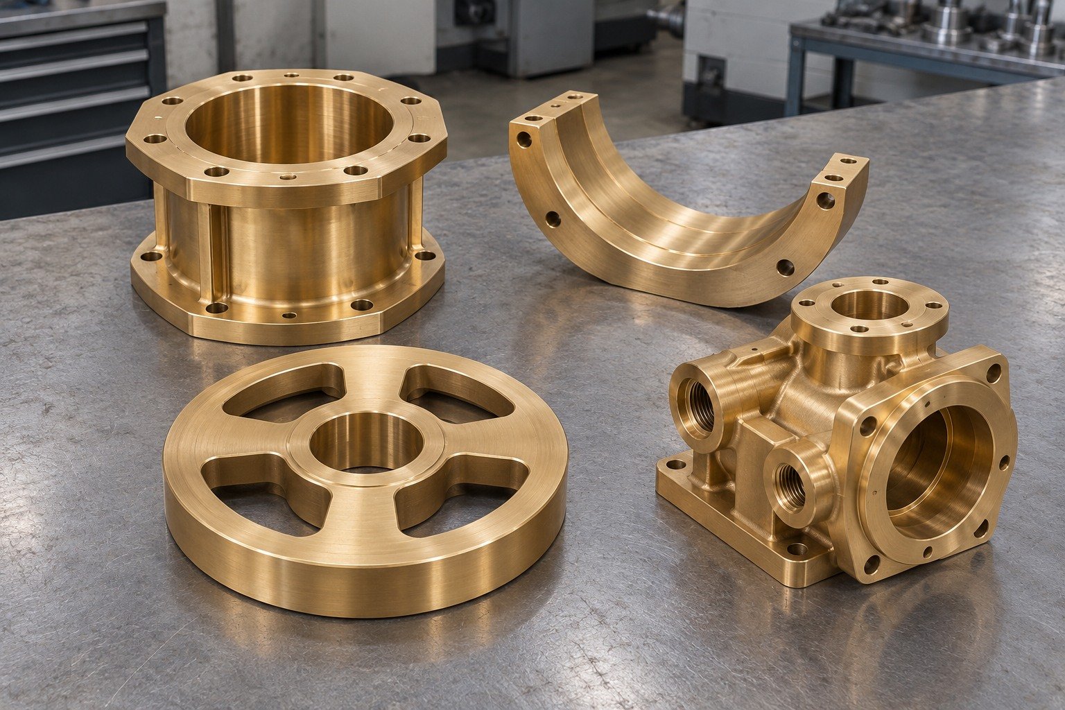 Nickel-aluminum bronze bushing, bearing segment, webbed gear blank and pump-block concepts — illustrative generated component concept