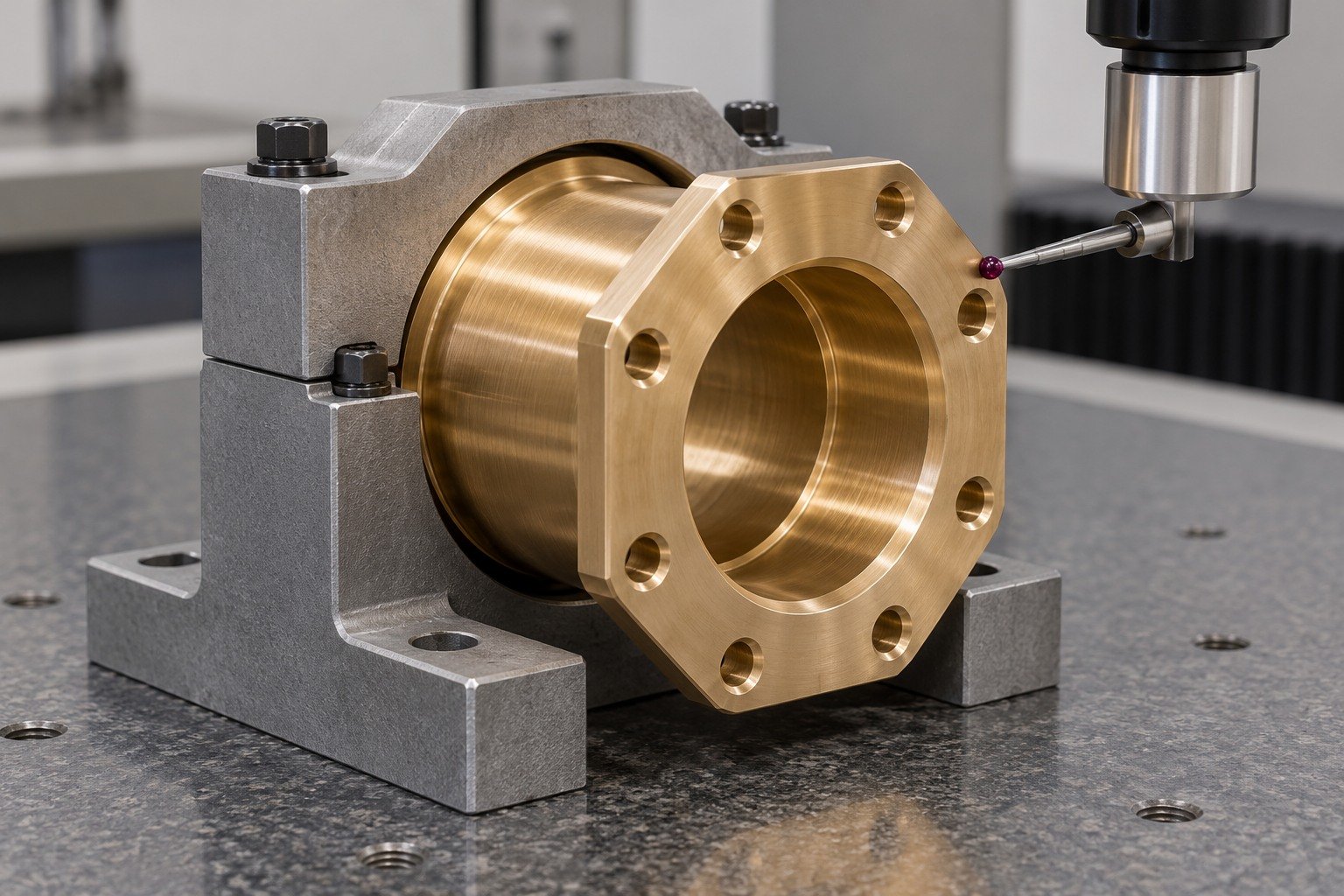 Nickel-aluminum bronze bushing installed-state datum concept — illustrative generated component concept