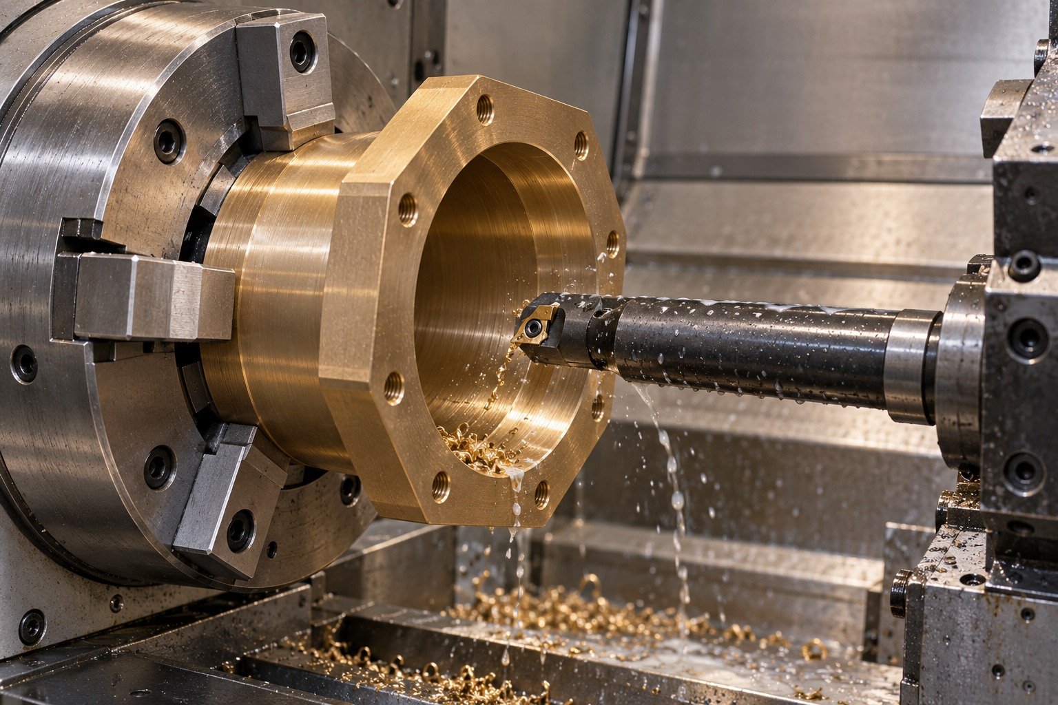 Boring a supported nickel-aluminum bronze bushing — illustrative generated component concept