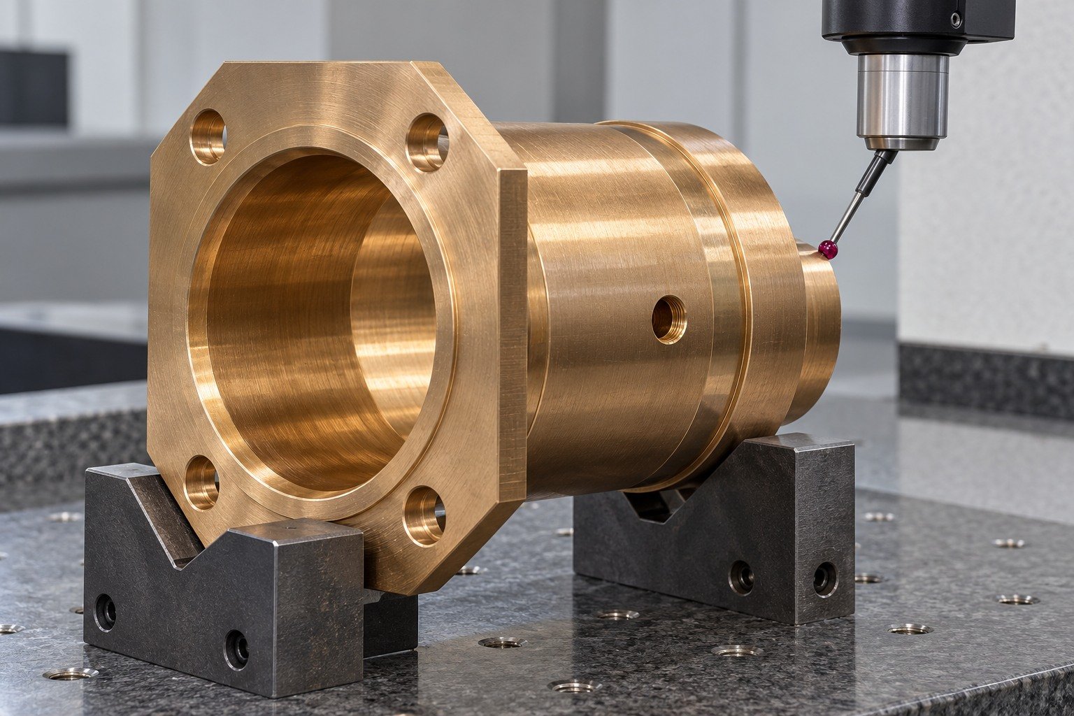 Nickel-aluminum bronze octagonal flange bushing exterior datum inspection — illustrative generated component concept