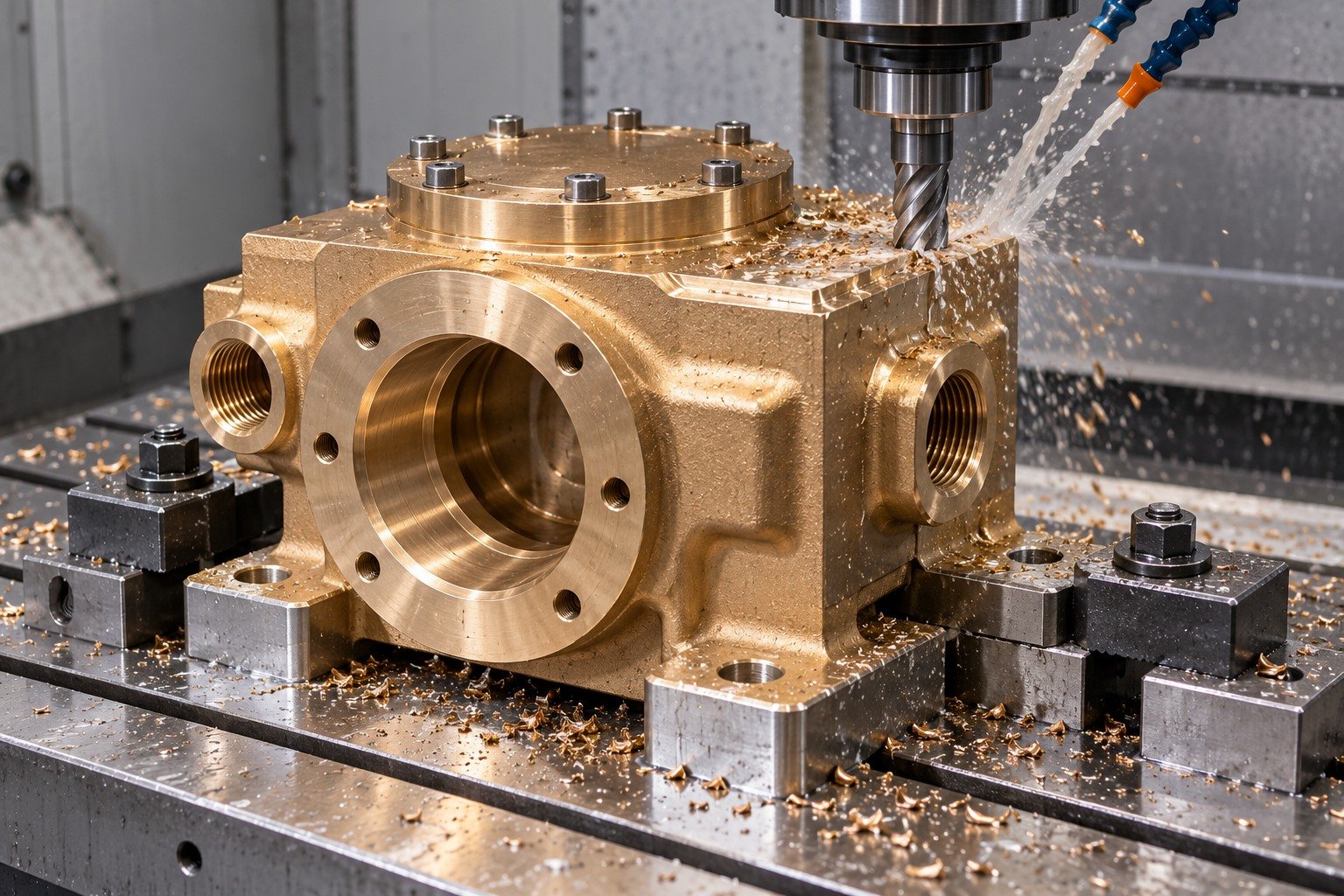 Nickel-aluminum bronze pump fluid end block supported machining — illustrative generated component concept