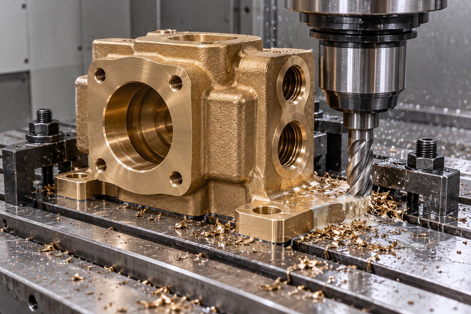 Milling a supported nickel-aluminum bronze pump-block foot — illustrative generated component concept